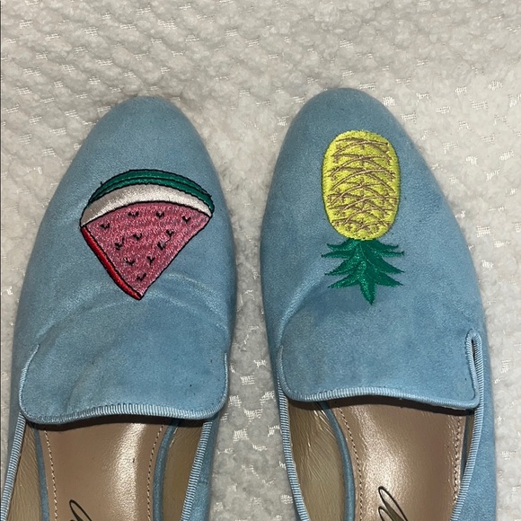 YULL Womens Loafers Blue Embroidered Watermelon and Pineapple size UK  7 US 9 - Picture 6 of 10